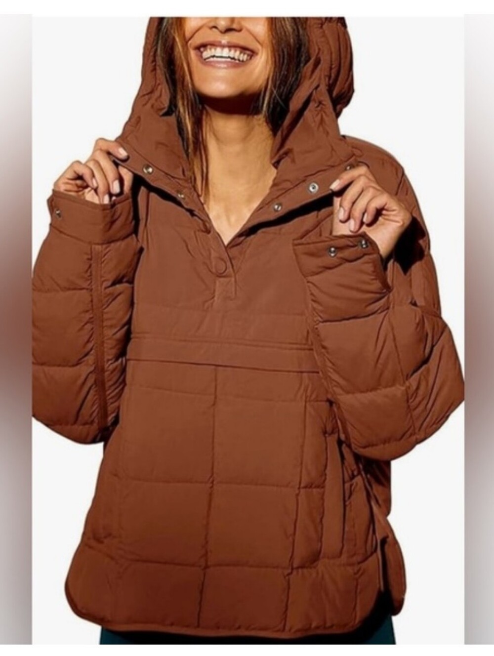 Women's Hooded Puffer Pullover Jacket - Rust/Brown